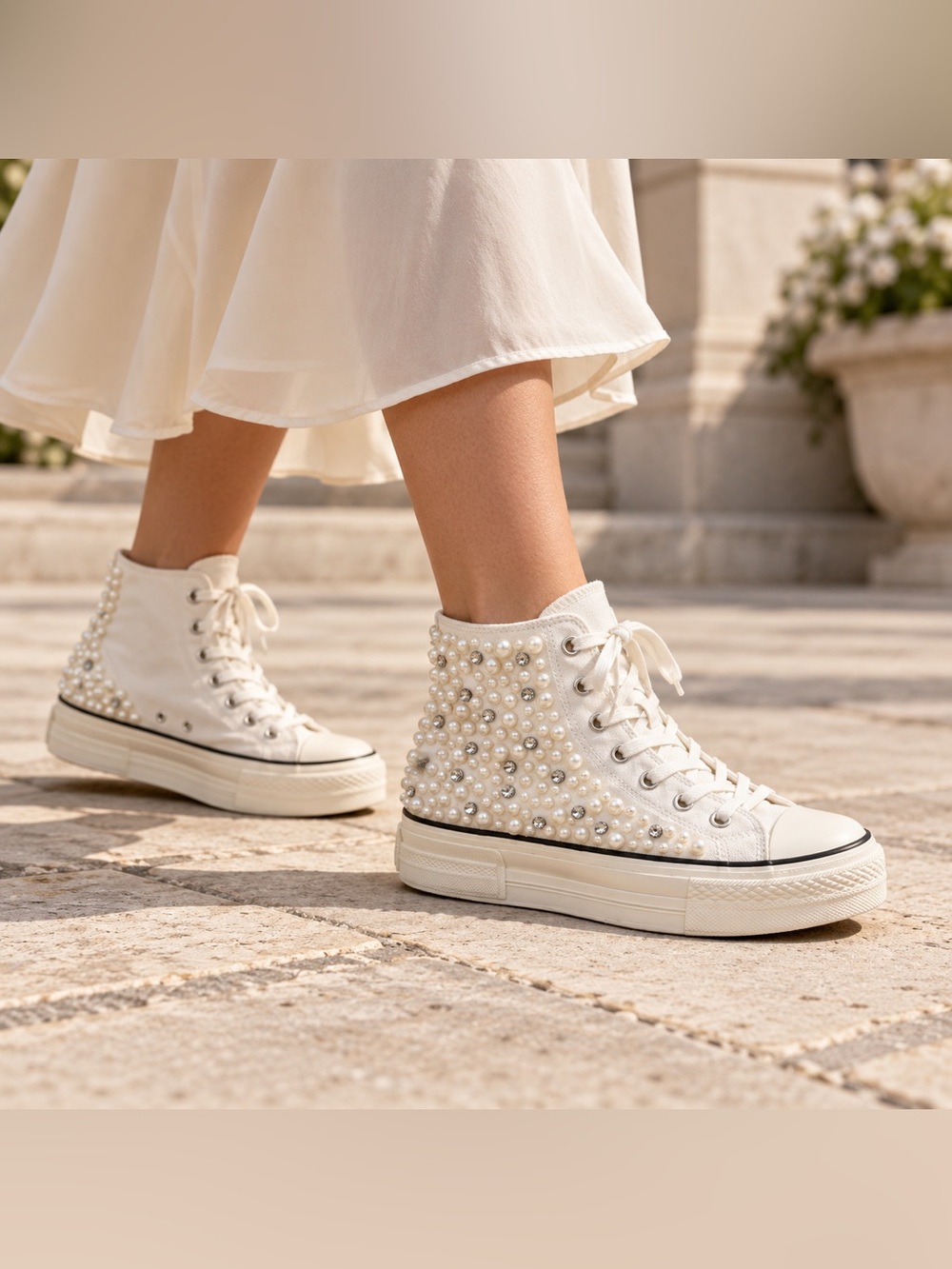 Azalea Wang Milano White Pearl Rhinestone High Top Sneakers Size 10